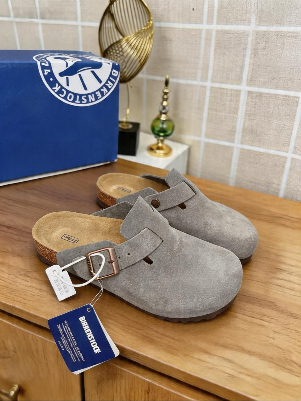 BIRKENSTOCK Boston taupe suede mule clogs